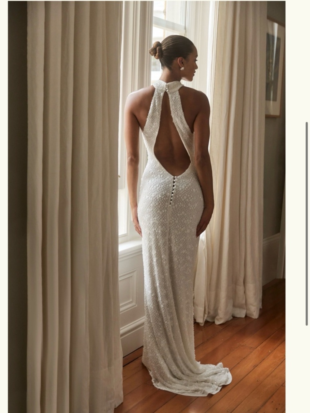 Meshki Ivory Sequin Halter Backless Gown